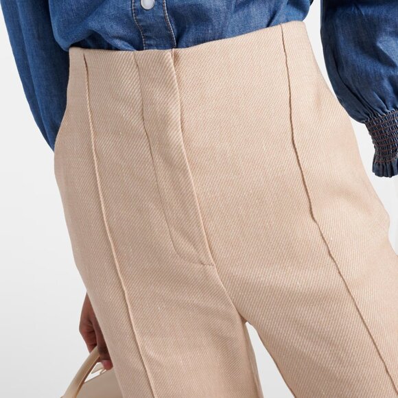 Veronica Beard Komi Flared Seamed Linen-Blend Pants High Rise Pocket Sand - Picture 3 of 13